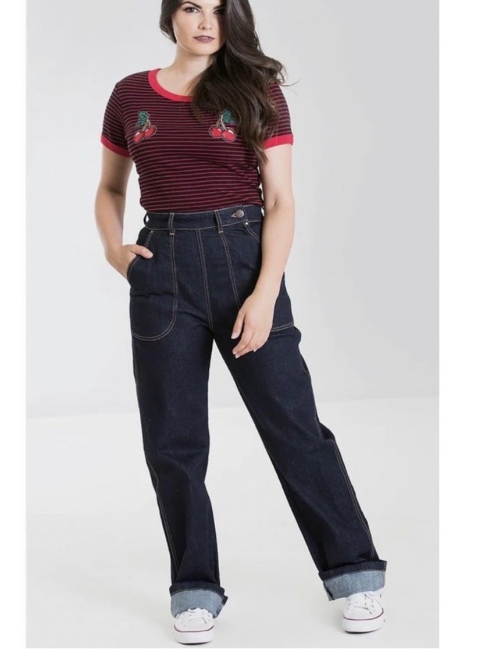 Hell Bunny Weston Retro Denim Trousers Dark Wash Size US 10 Pinup Rockabilly Jea